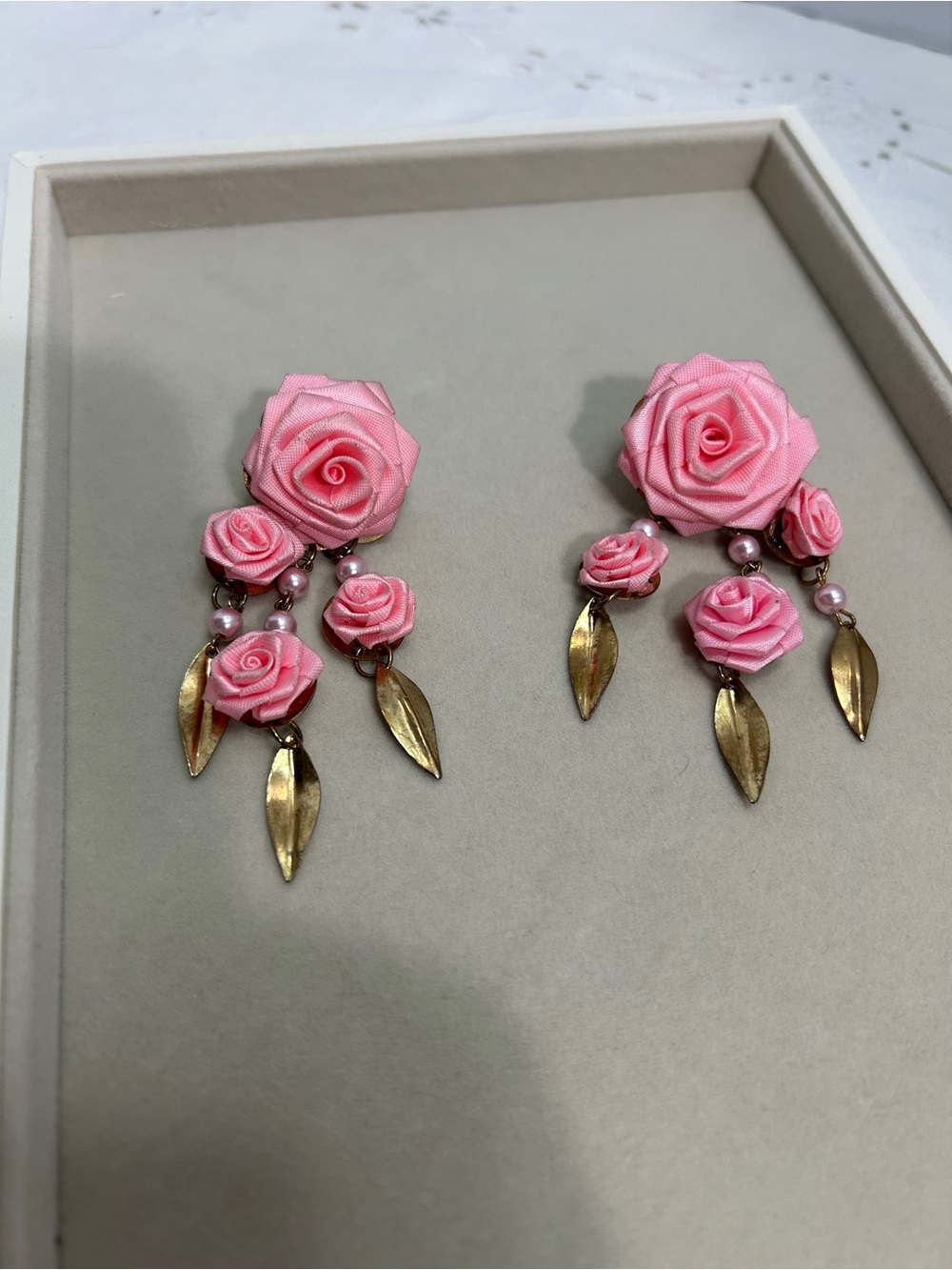 Pink Floral Drop Earrings with Gold Leaf Accents